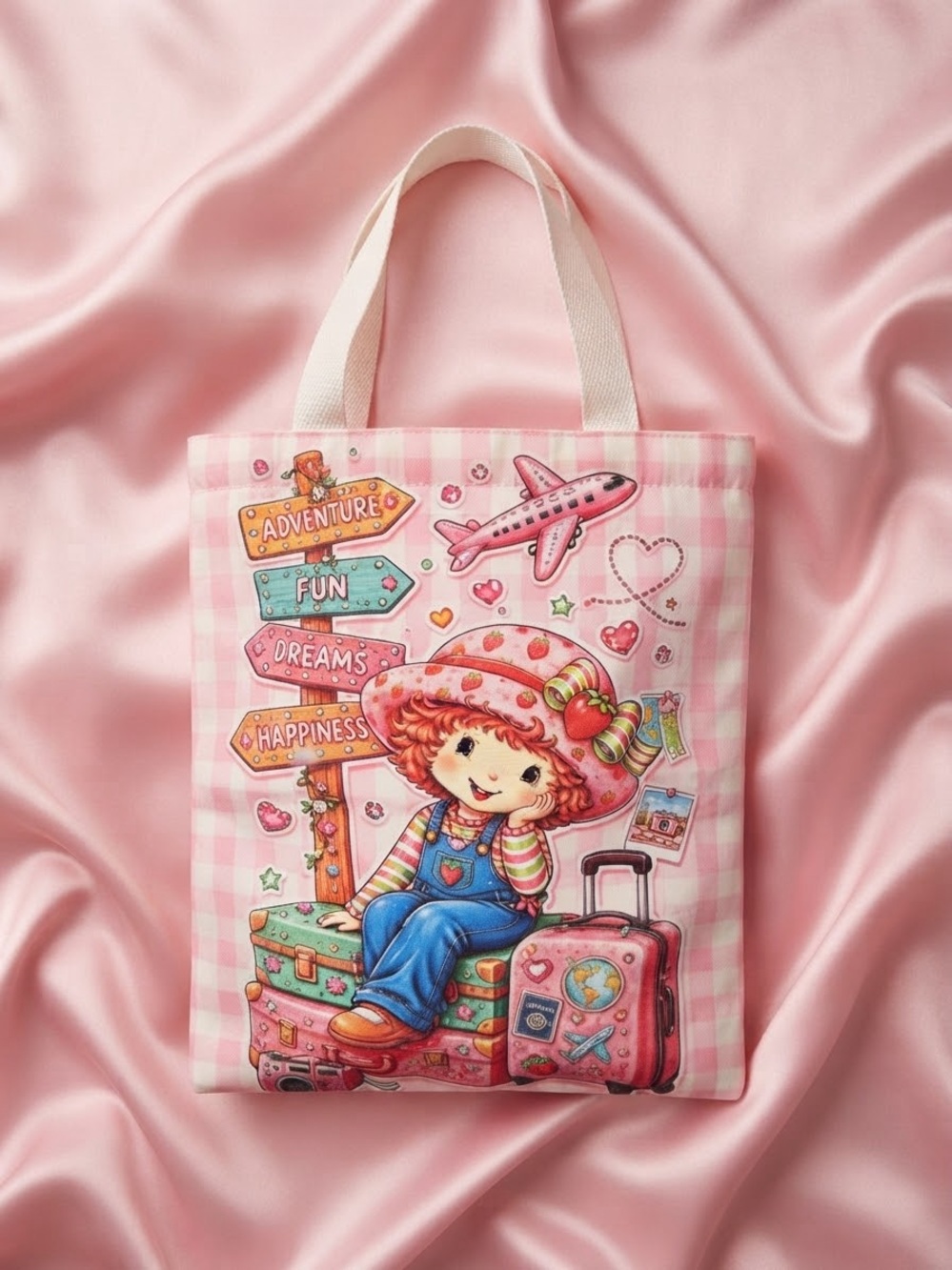Kids Pink Strawberry Character Tote Bag